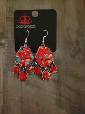 paparazzi Red and Turquoise Mosaic Drop Earrings